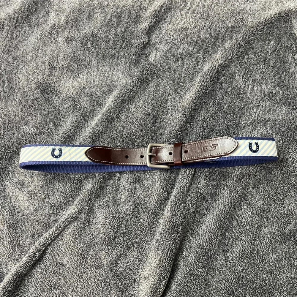 Vineyard Vines Mens 147th Kentucky Derby Horseshoe Canvas Leather Belt Blue 34